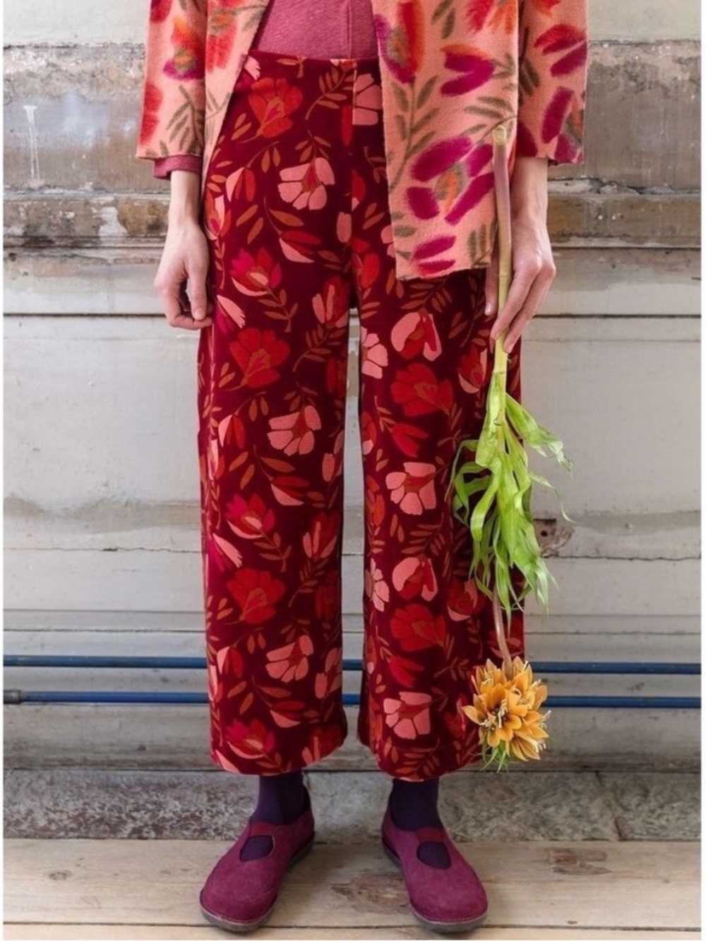 Gudrun Sjoden Floral Wide Leg Crop Velour Pants in XL